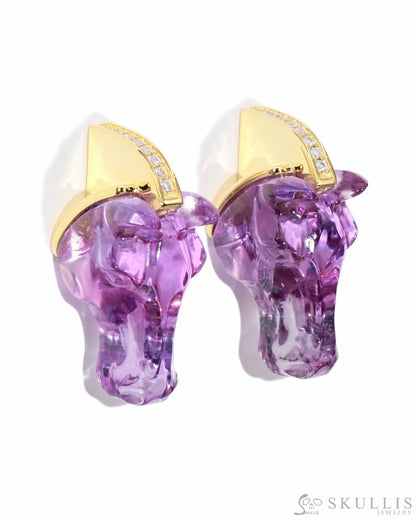 Gem Earrings Of Amethyst Carved Horse Head Skull Earrings