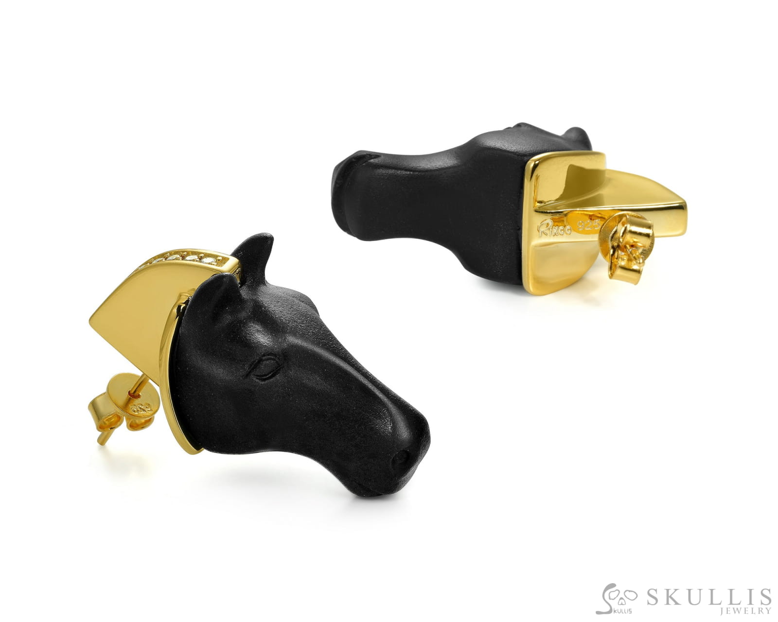 Gem Earrings Of Black Obsidian Carved Horse Head Skull Earrings