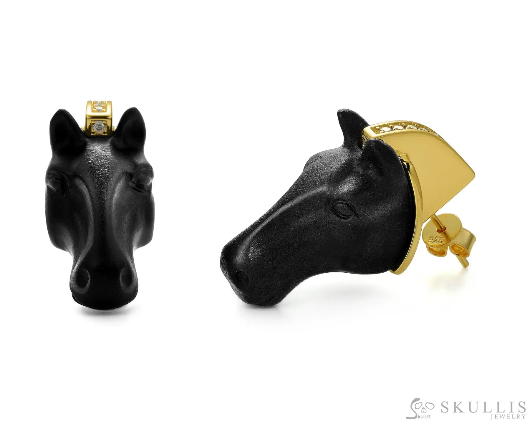 Gem Earrings Of Black Obsidian Carved Horse Head Skull Earrings