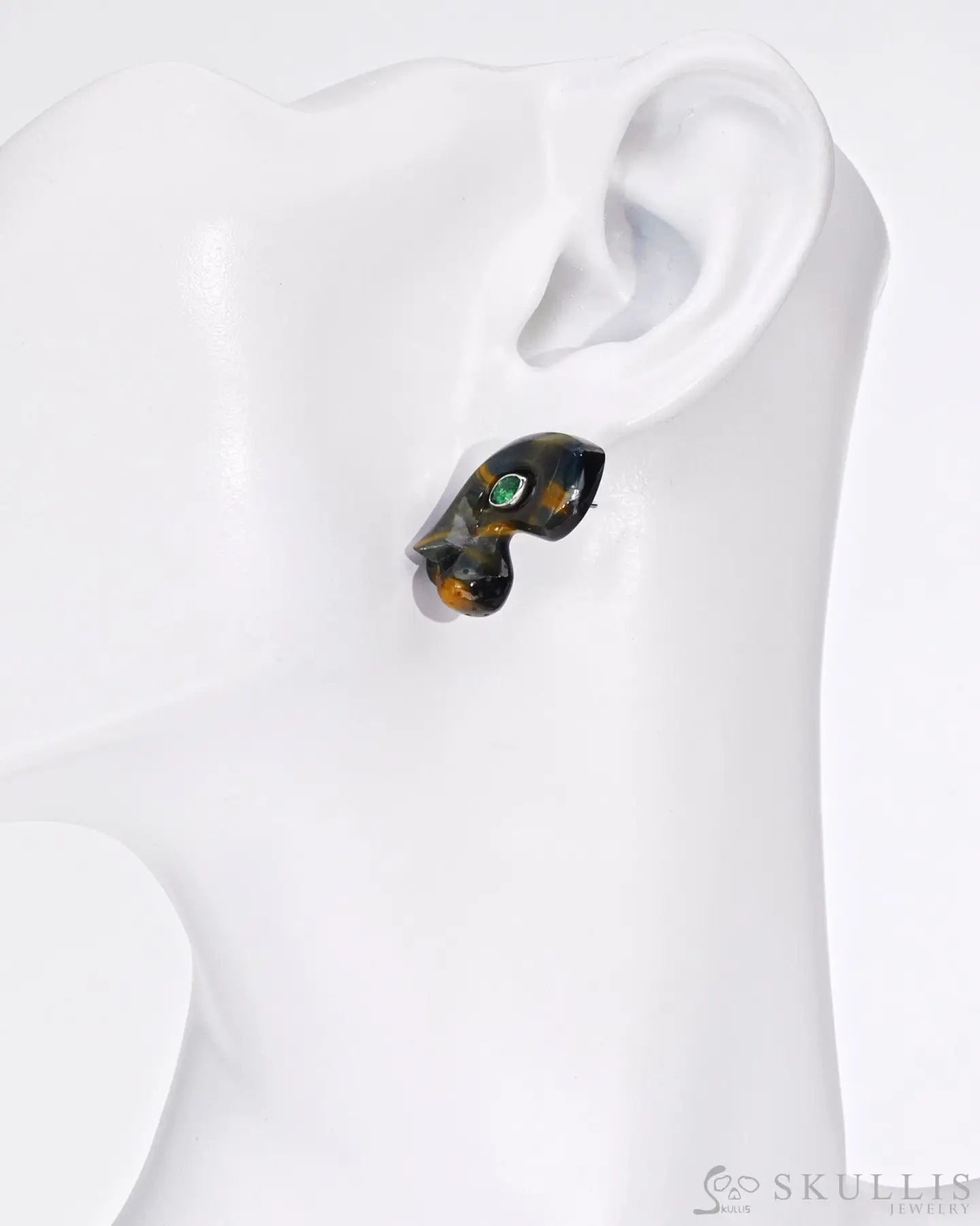 Gem Earrings Of Blue & Gold Tiger’s Eye Carved Leopard Head With Emerald Eyes Skull Earrings