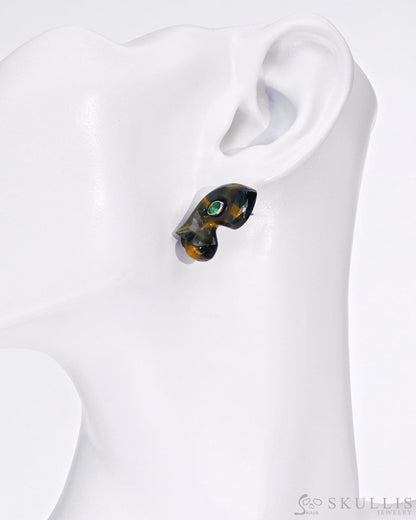 Gem Earrings Of Blue & Gold Tiger’s Eye Carved Leopard Head With Emerald Eyes Skull Earrings