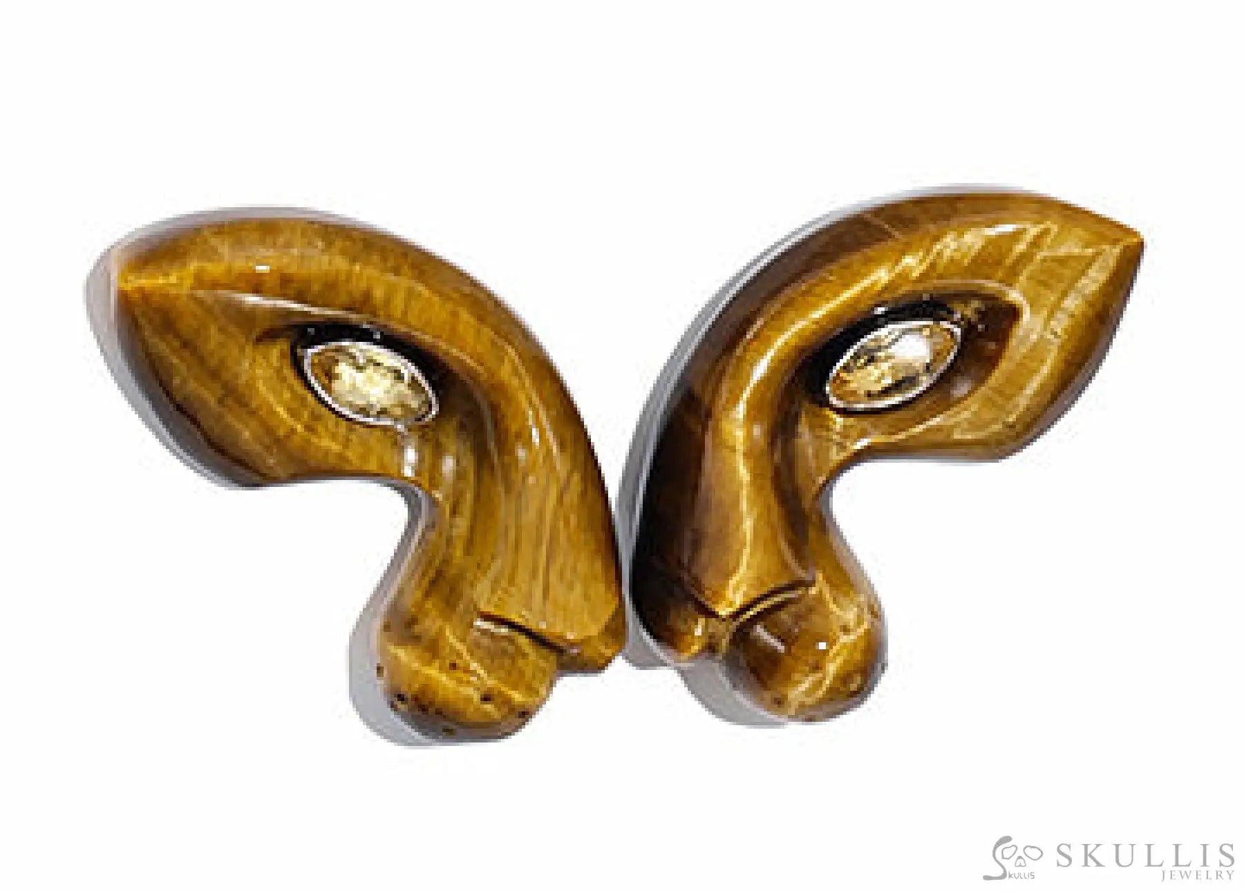Gem Earrings Of Gold Tiger’s Eye Carved Leopard Head With Citrine Eyes Skull Earrings