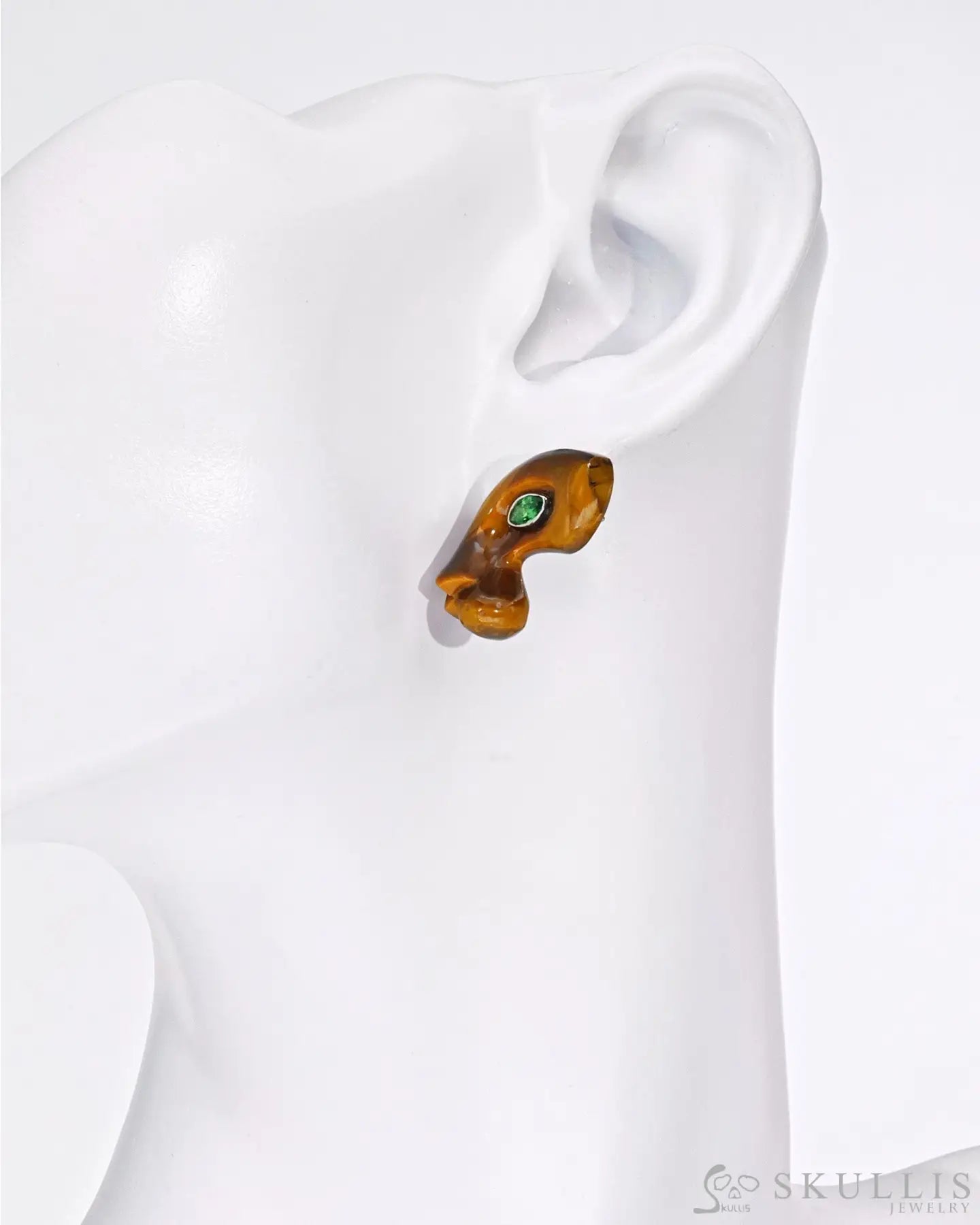 Gem Earrings Of Gold Tiger’s Eye Carved Leopard Head With Emerald Eyes Skull Earrings