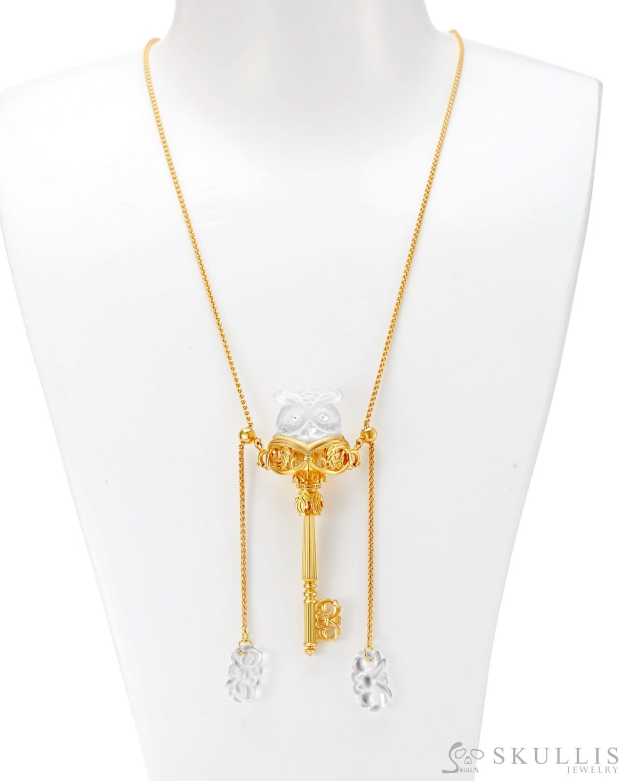 Gem Owl Pendant Necklace Of Frosted Quartz Crystal Carved Owl In 18K Gold-Plated 925 Silver