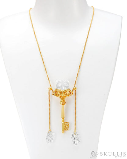 Gem Owl Pendant Necklace Of Frosted Quartz Crystal Carved Owl In 18K Gold-Plated 925 Silver