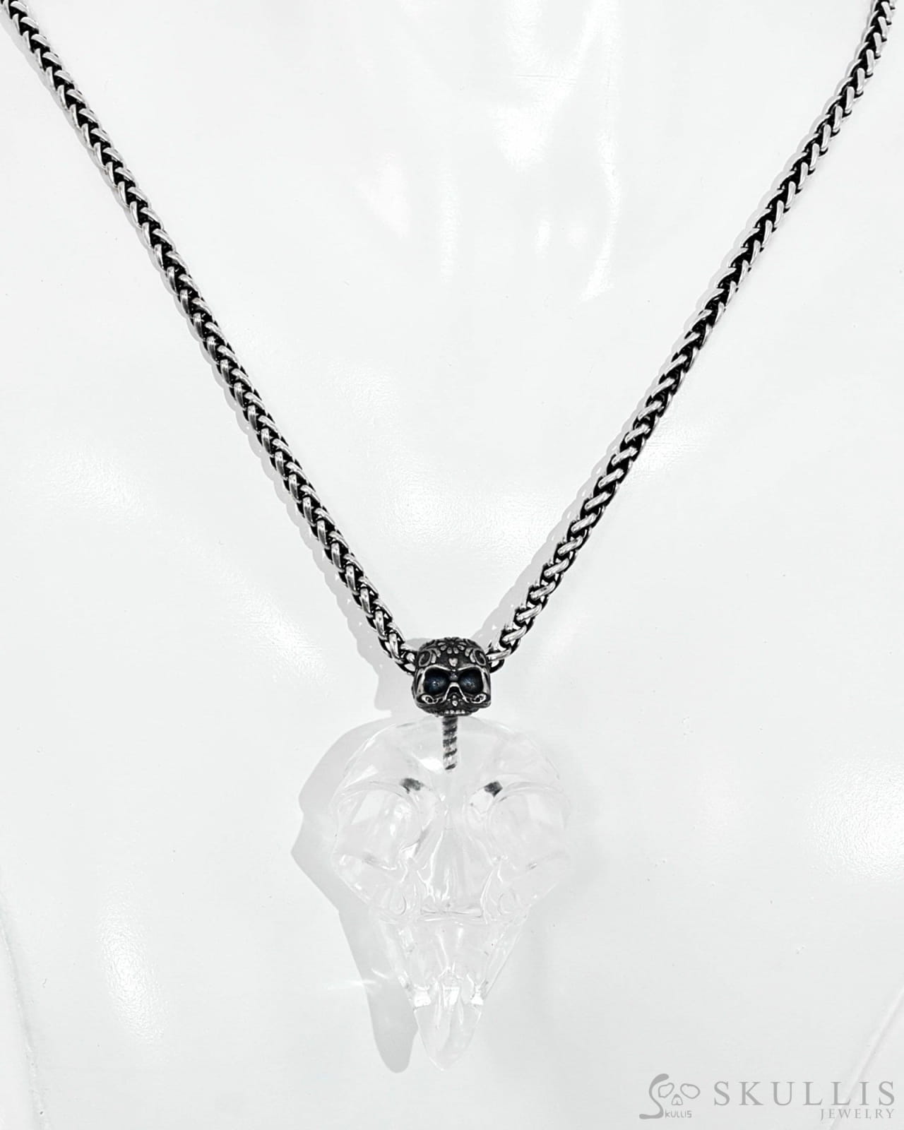 Gem Raven Skull Pendant Necklace Of Black Obsidian Carved Raven Skull With Silver Sword Necklace