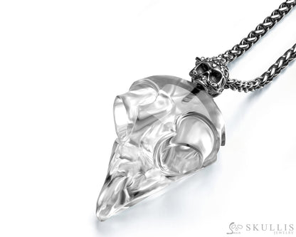 Gem Owl Skull Pendant Necklace of Quartz Rock Crystal Carved Owl Skull with Sterling Silver Skull