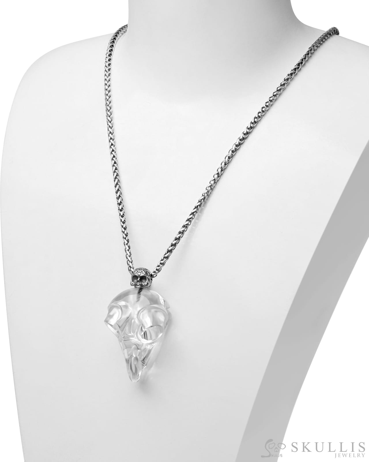 Gem Owl Skull Pendant Necklace of Quartz Rock Crystal Carved Owl Skull with Sterling Silver Skull Skull Pendants