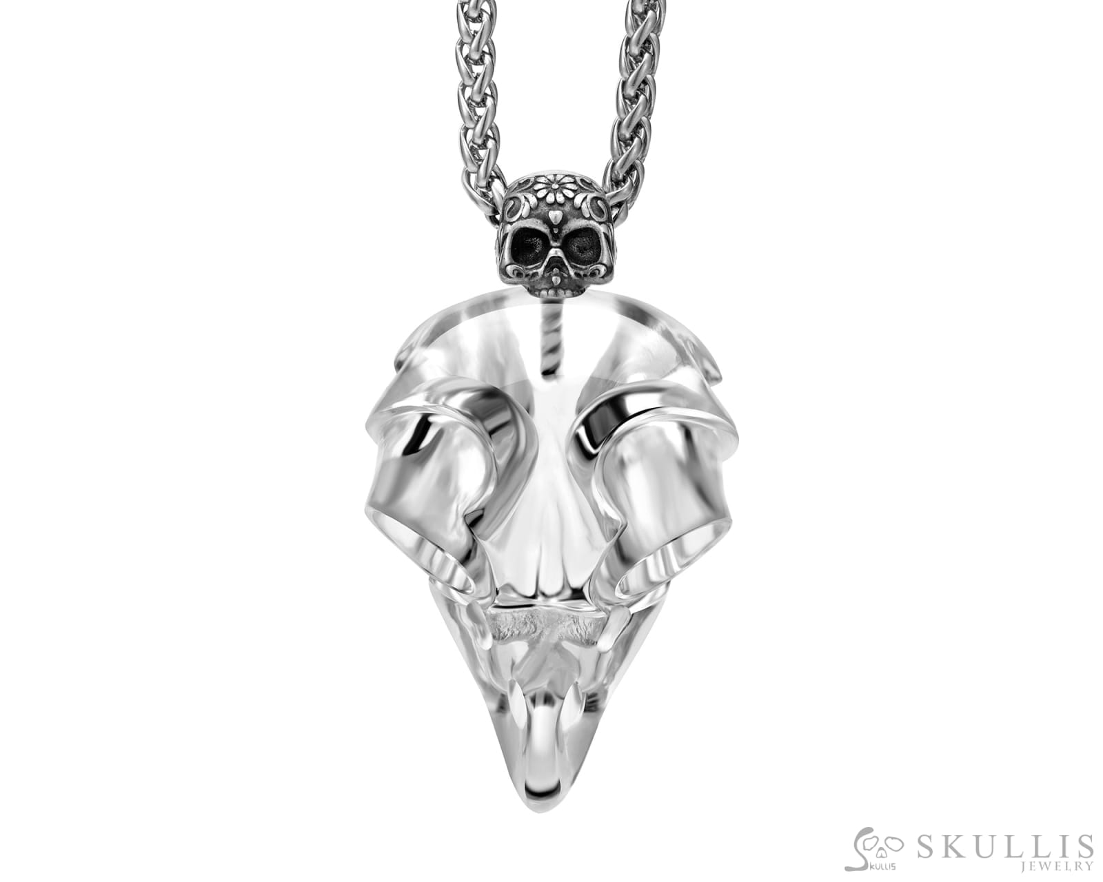 Gem Owl Skull Pendant Necklace of Quartz Rock Crystal Carved Owl Skull with Sterling Silver Skull