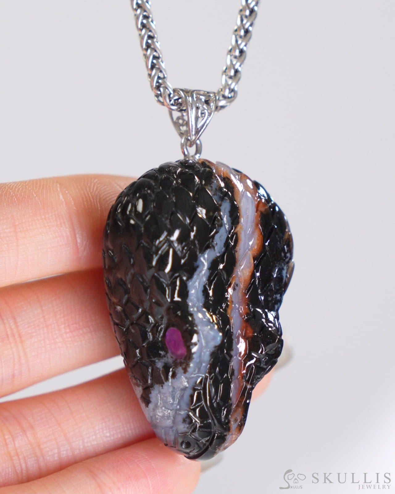 Gem Skull Pendant Necklace of Black Zebra Agate Crystal Carved Skull with Detachable Silver Jaw in Sterling Silver
