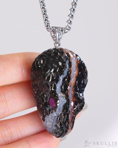 Gem Skull Pendant Necklace of Black Zebra Agate Crystal Carved Skull with Detachable Silver Jaw in Sterling Silver