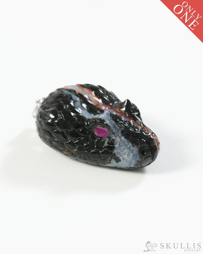Gem Skull Pendant Necklace of Black Zebra Agate Crystal Carved Skull with Detachable Silver Jaw in Sterling Silver