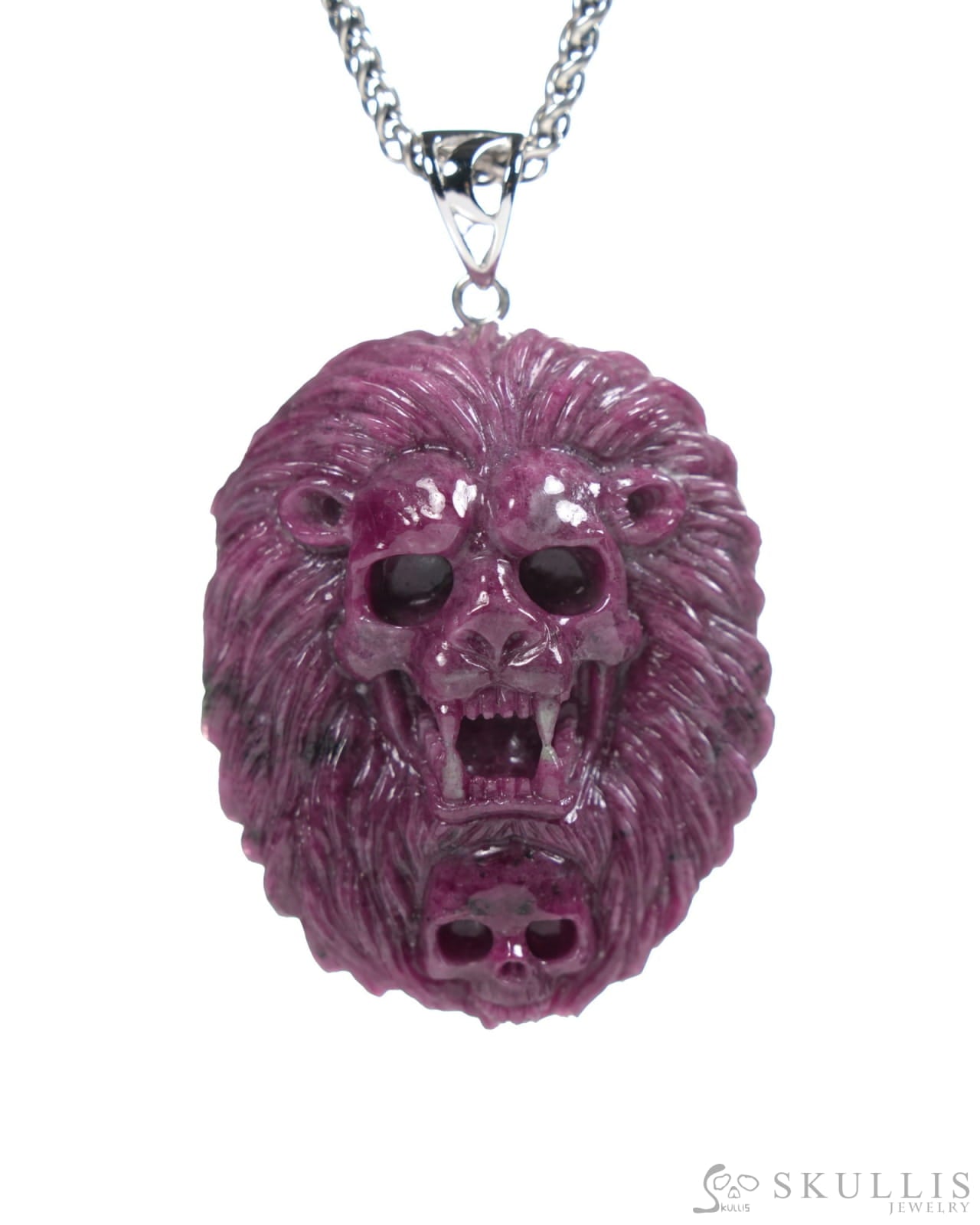 Gem Pendant Necklace of Ruby Carved Lion with Bail in 925 Sterling Silver - R19900062 Skull Pendants
