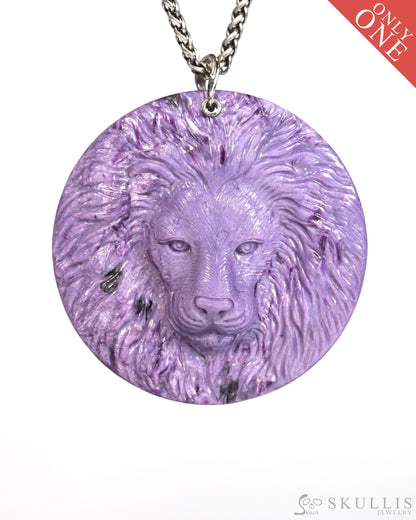 Gem Skull Pendant Necklace of Russian Charoite Carved Lion with Bail in 925 Sterling Silver - T9900161 Skull Pendants