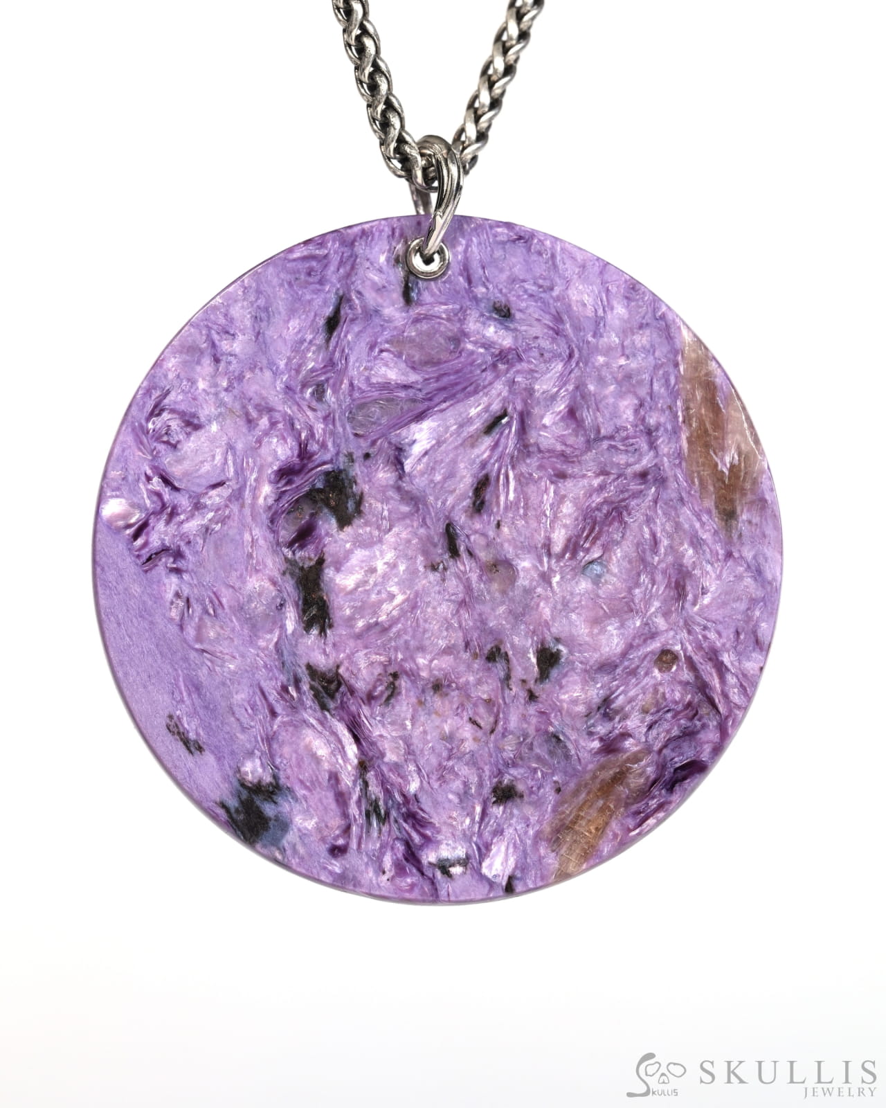 Gem Skull Pendant Necklace of Russian Charoite Carved Lion with Bail in 925 Sterling Silver - T9900161 Skull Pendants