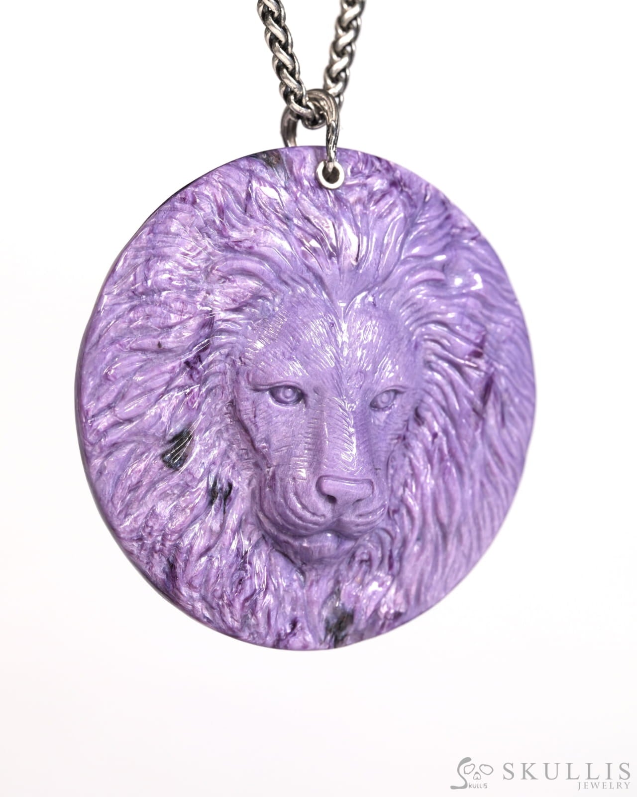 Gem Skull Pendant Necklace of Russian Charoite Carved Lion with Bail in 925 Sterling Silver - T9900161 Skull Pendants