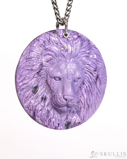 Gem Skull Pendant Necklace of Russian Charoite Carved Lion with Bail in 925 Sterling Silver - T9900161 Skull Pendants