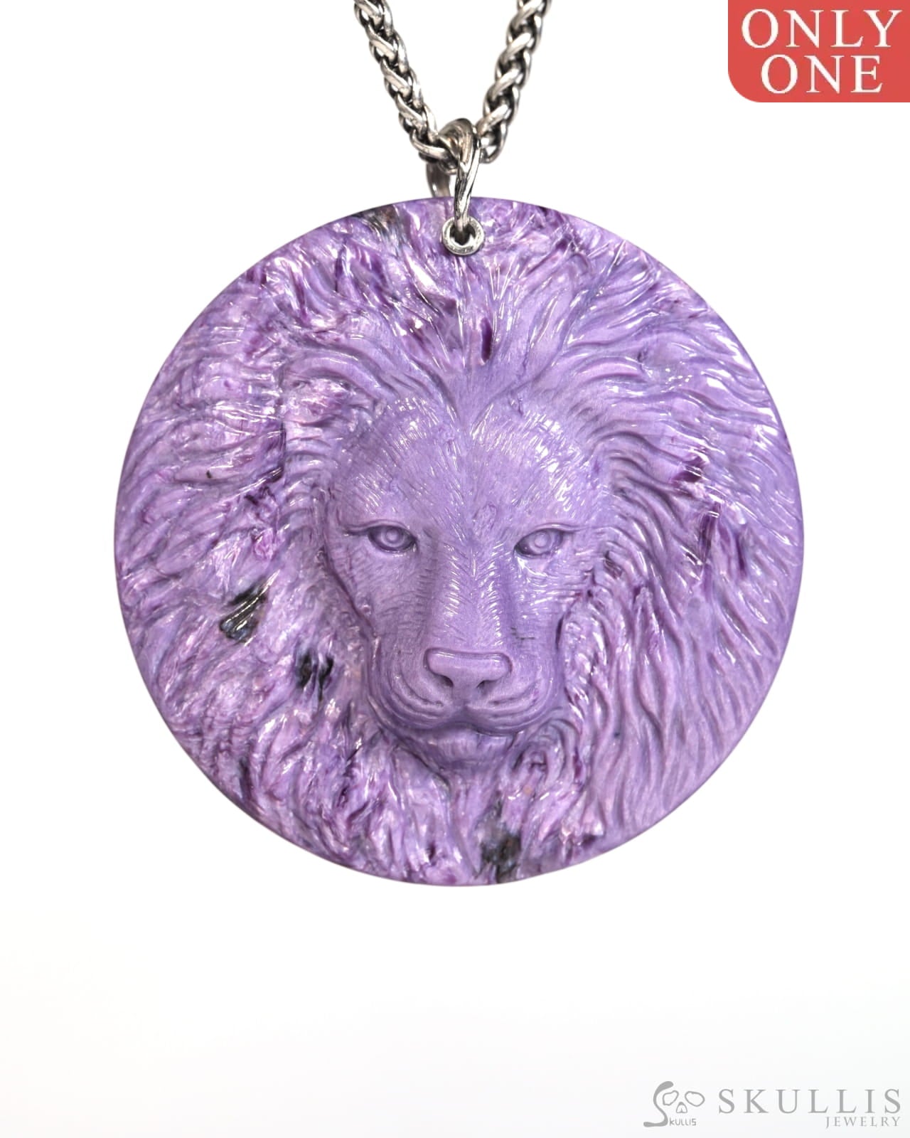 Gem Skull Pendant Necklace of Russian Charoite Carved Lion with Bail in 925 Sterling Silver - T9900161 Skull Pendants