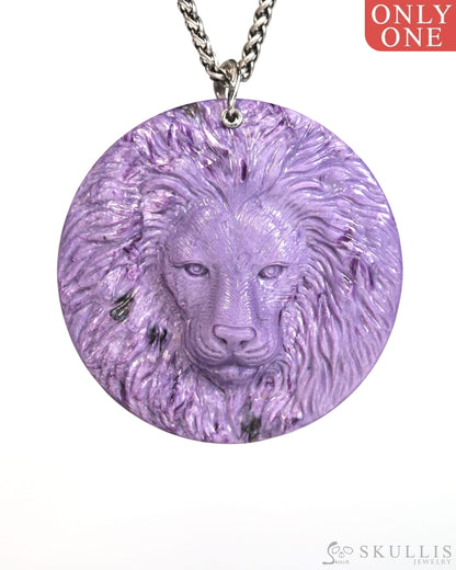 Gem Skull Pendant Necklace of Russian Charoite Carved Lion with Bail in 925 Sterling Silver - T9900161 Skull Pendants