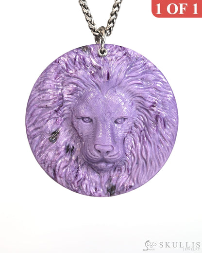 Gem Skull Pendant Necklace of Russian Charoite Carved Lion with Bail in 925 Sterling Silver - T9900161 Skull Pendants