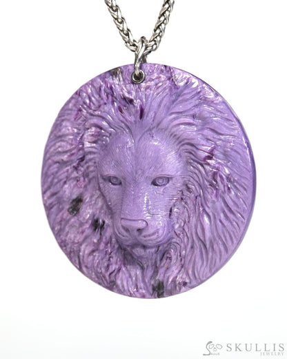 Gem Skull Pendant Necklace of Russian Charoite Carved Lion with Bail in 925 Sterling Silver - T9900161 Skull Pendants