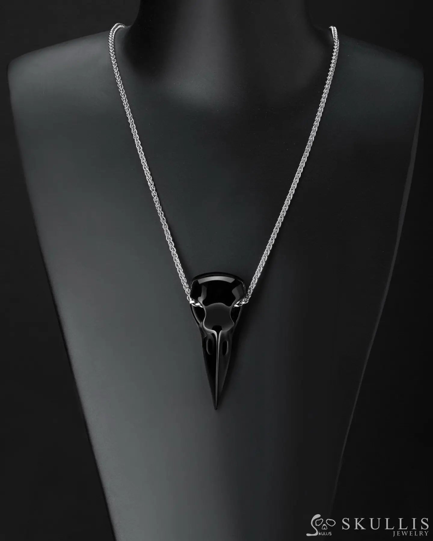 Gem Raven Pendant Necklace Of Black Obsidian Carved Raven Skull Pendants