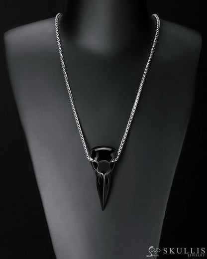 Gem Raven Pendant Necklace Of Black Obsidian Carved Raven Skull Pendants