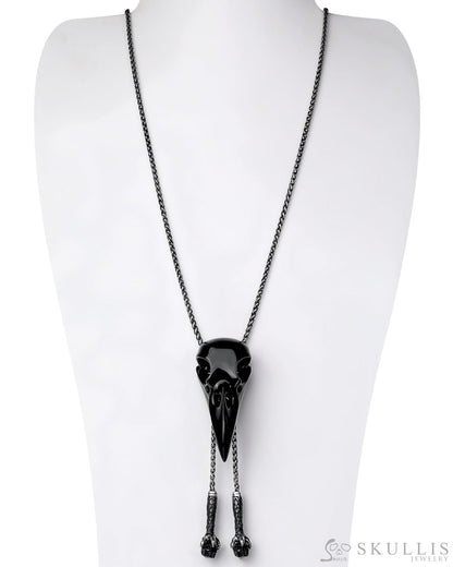 Gem Raven Pendant Necklace Of Black Obsidian Carved Raven & Skull With Adjustable Chain Pendants