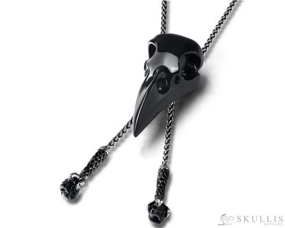 Gem Raven Pendant Necklace Of Black Obsidian Carved Raven & Skull With Adjustable Chain Pendants