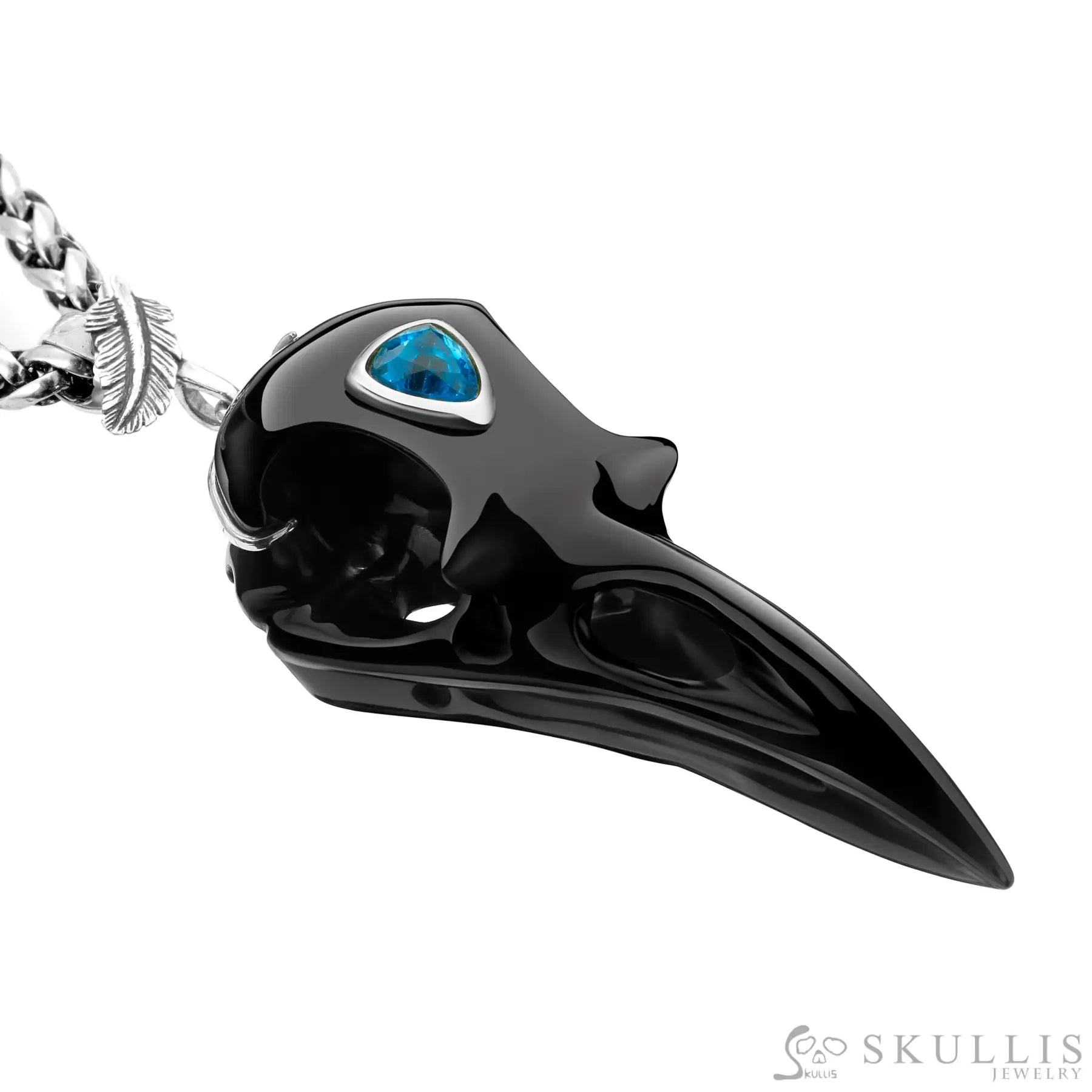 Gem Raven Pendant Necklace Of Black Obsidian Carved Raven With Blue Sky Topaz Eye Skull Pendants
