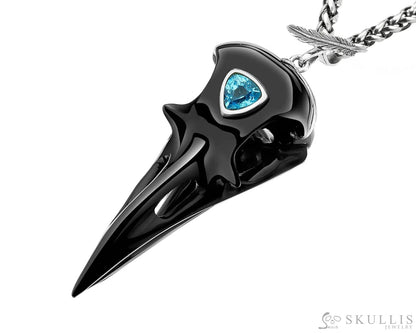 Gem Raven Pendant Necklace Of Black Obsidian Carved Raven With Blue Sky Topaz Eye Skull Pendants