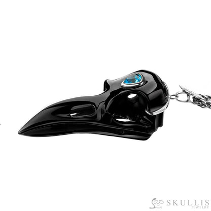 Gem Raven Pendant Necklace Of Black Obsidian Carved Raven With Blue Sky Topaz Eye Skull Pendants