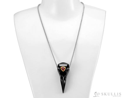 Gem Raven Pendant Necklace Of Black Obsidian Carved Raven With Garnet Eye In