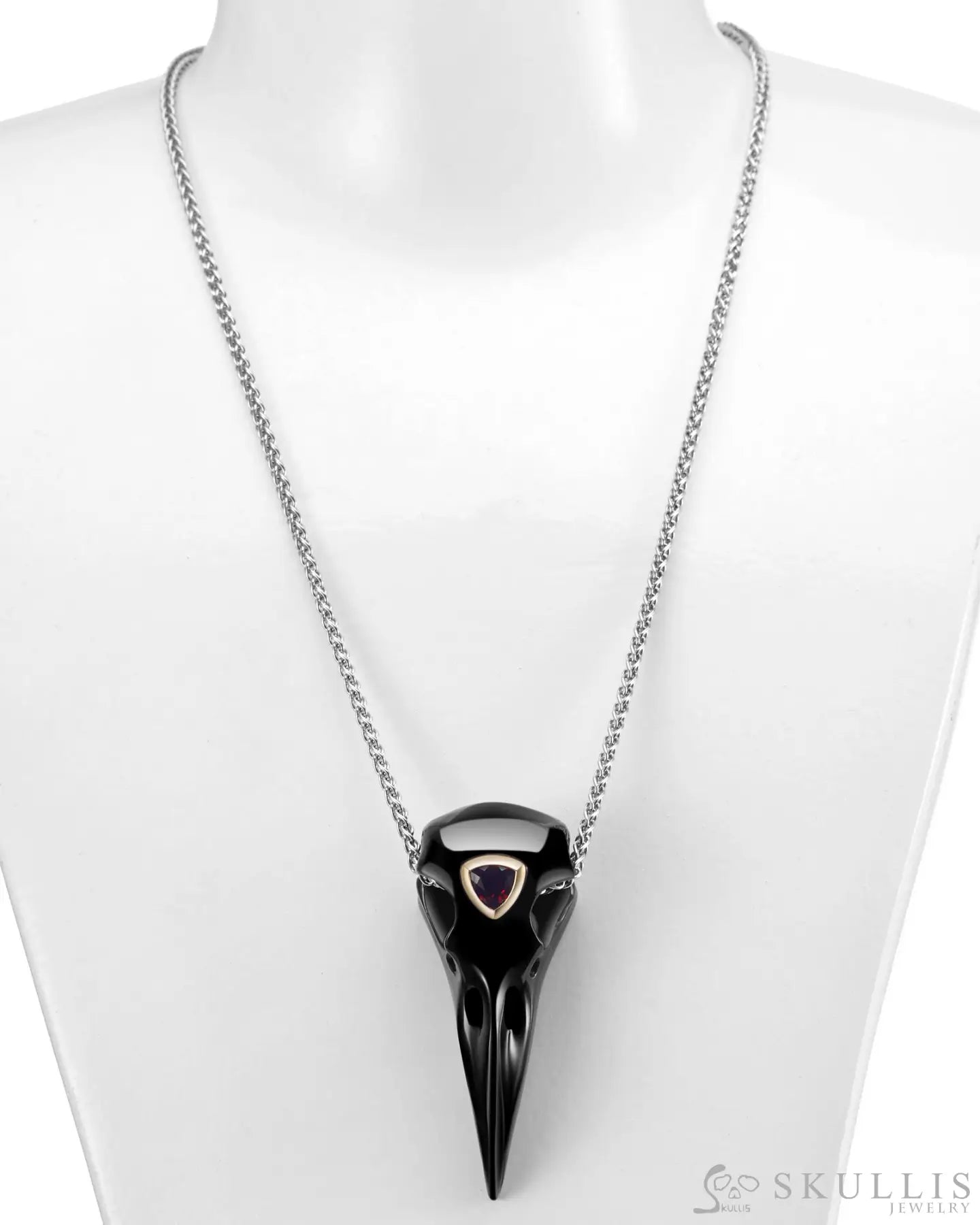 Gem Raven Pendant Necklace Of Black Obsidian Carved Raven With Garnet Eye In