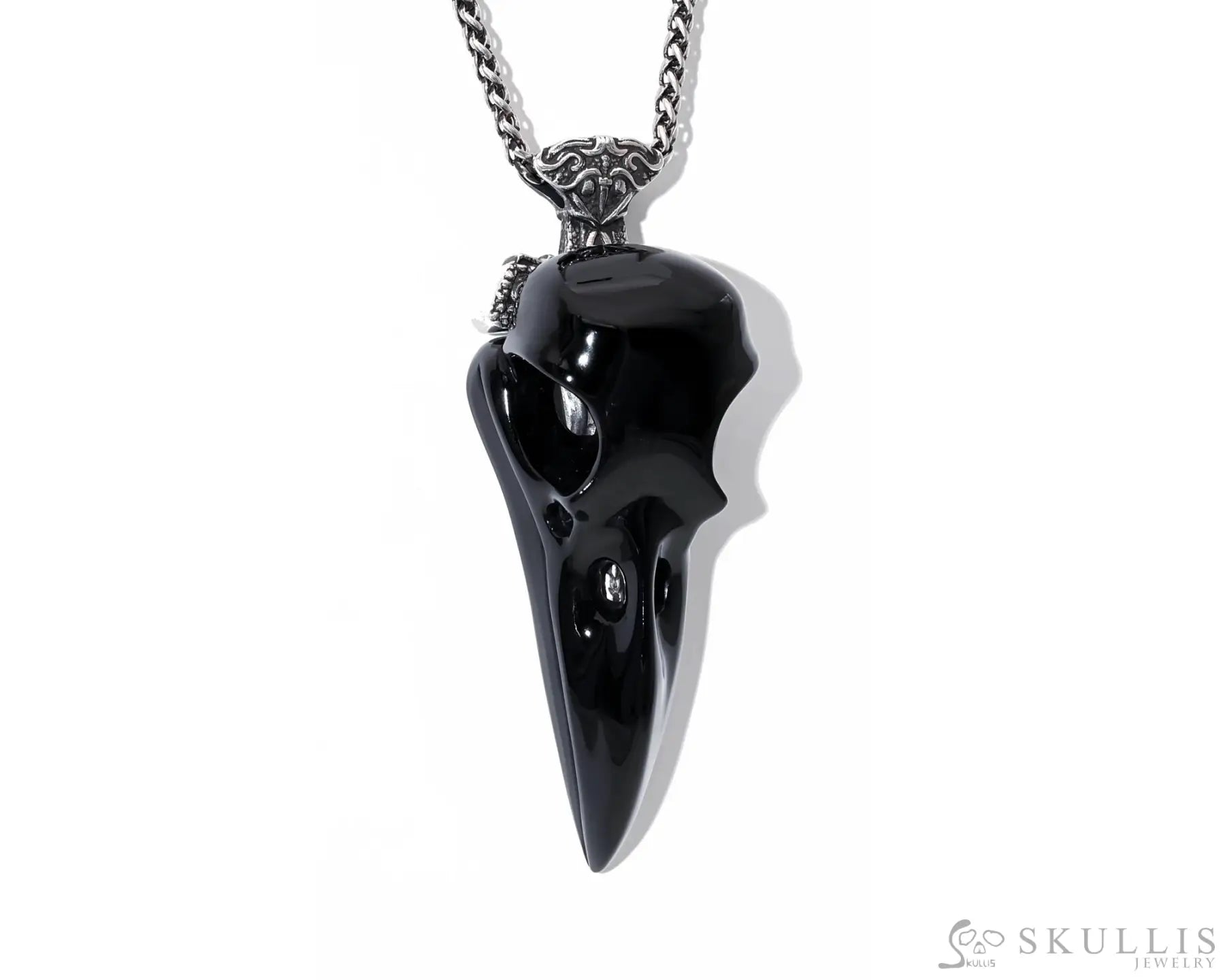 Gem Raven Pendant Necklace Of Black Obsidian Carved Raven With Sword Necklace Skull Pendants