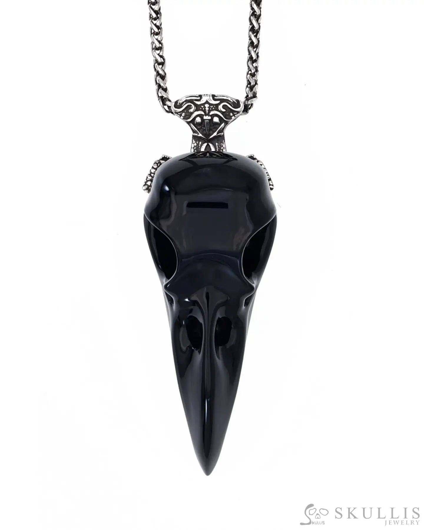 Gem Raven Pendant Necklace Of Black Obsidian Carved Raven With Sword Necklace Skull Pendants