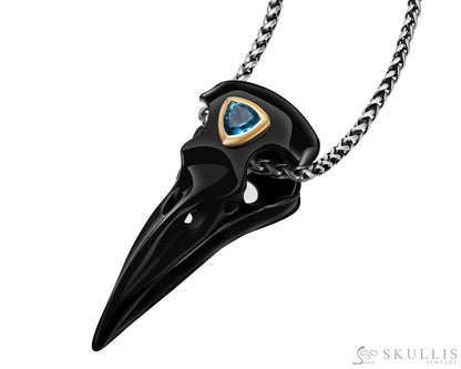 Gem Raven Pendant Necklace Of Black Obsidian Crystal Raven With Blue Sky Topaz Eye Skull Pendants