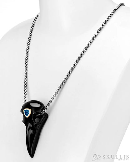 Gem Raven Pendant Necklace Of Black Obsidian Crystal Raven With Blue Sky Topaz Eye Skull Pendants