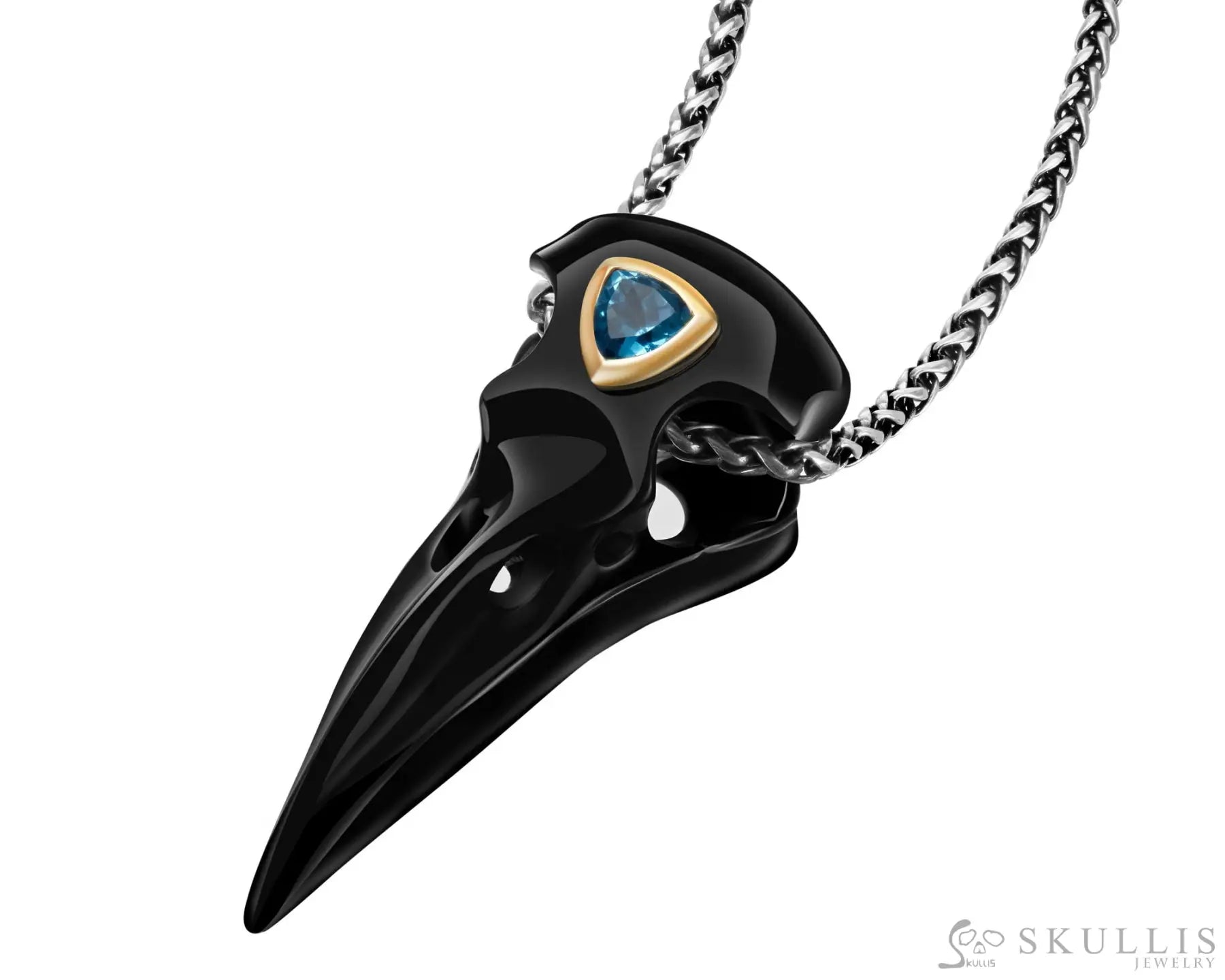 Gem Raven Pendant Necklace Of Black Obsidian Crystal Raven With Blue Sky Topaz Eye Pendant