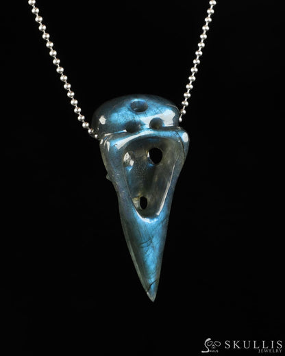 Gem Raven Pendant Necklace Of Flash Labradorite Carved Raven Skull Pendants