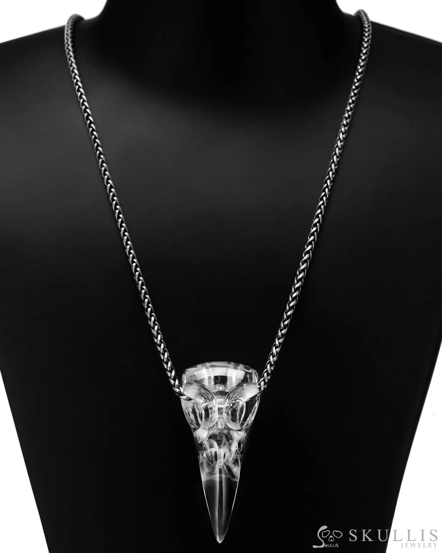 Gem Raven Pendant Necklace Of Quartz Rock Crystal Carved Raven