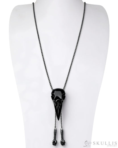Gem Raven Skull Pendant Necklace of Black Obsidian Carved Raven Skull & Skulls Silver Skeleton Adjustable Chain Skull