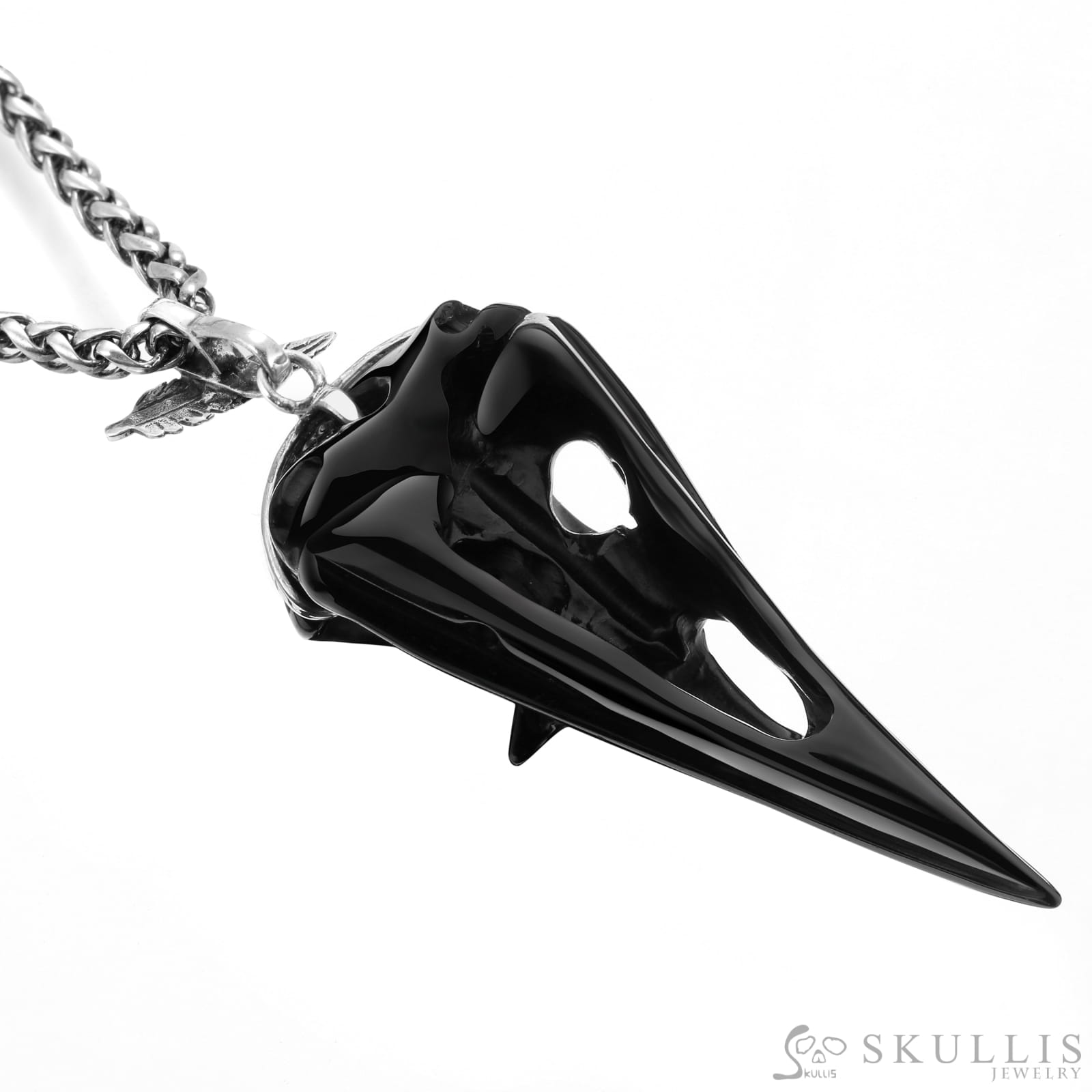 Gem Raven Pendant Necklace Of Black Obsidian Carved Raven With Blue Sky Topaz Eye Skull Pendants