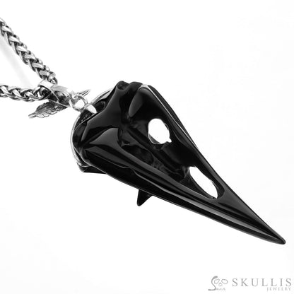 Gem Raven Pendant Necklace Of Black Obsidian Carved Raven With Blue Sky Topaz Eye Skull Pendants