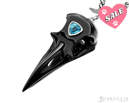 Gem Raven Pendant Necklace Of Black Obsidian Carved Raven With Blue Sky Topaz Eye Skull Pendants