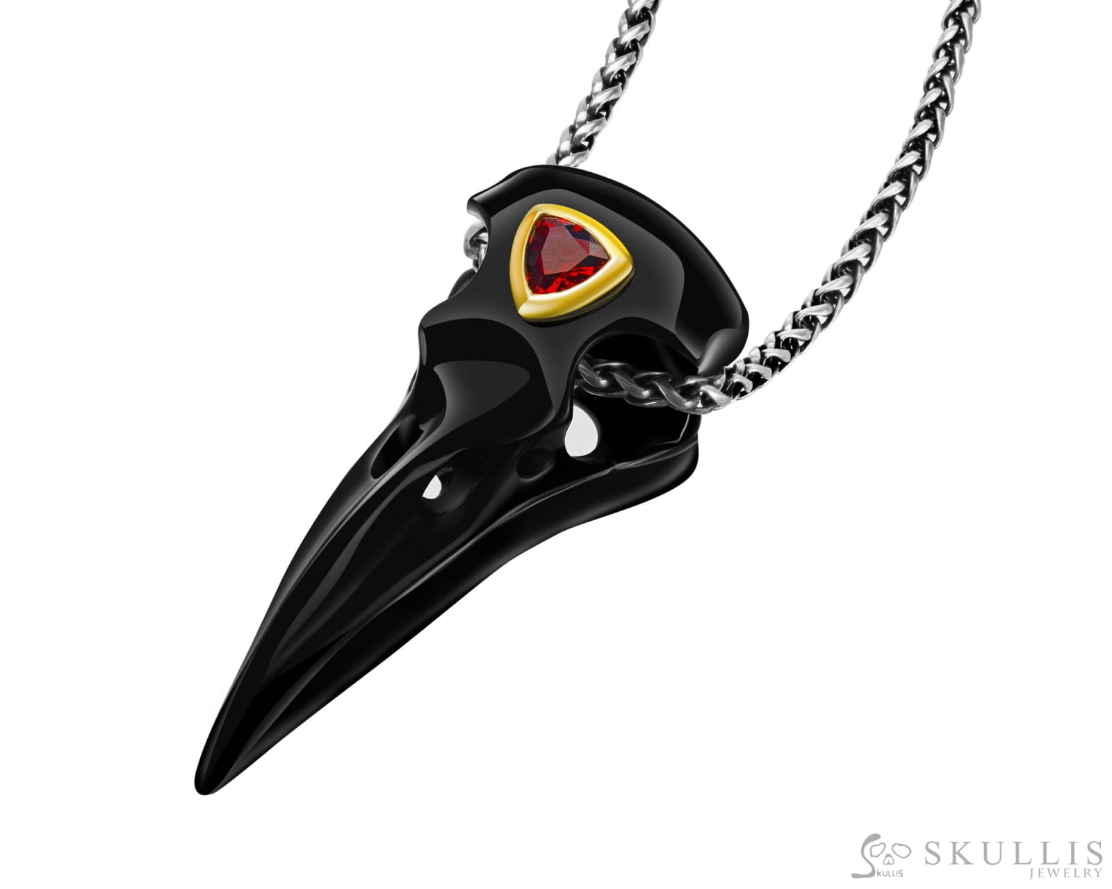 Gem Raven Pendant Necklace Of Black Obsidian Carved Raven With Garnet Eye In