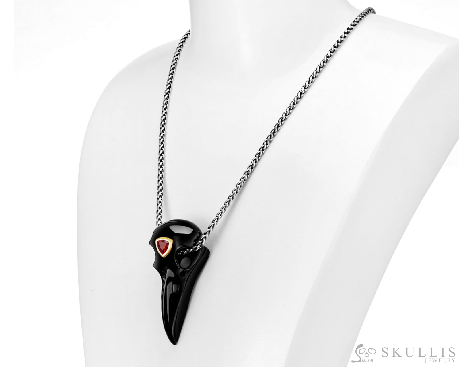 Gem Raven Pendant Necklace Of Black Obsidian Carved Raven With Garnet Eye In