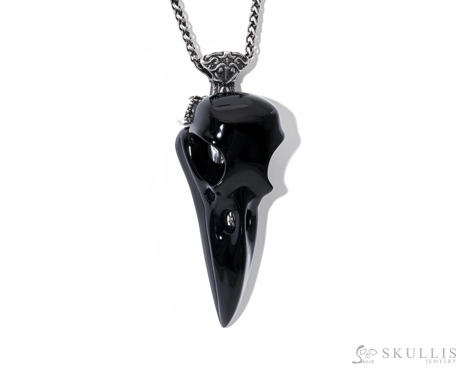 Gem Raven Skull Pendant Necklace of Black Obsidian Carved Raven Skull with Silver Sword Necklace Skull Pendants