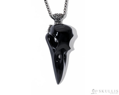 Gem Raven Skull Pendant Necklace of Black Obsidian Carved Raven Skull with Silver Sword Necklace Skull Pendants
