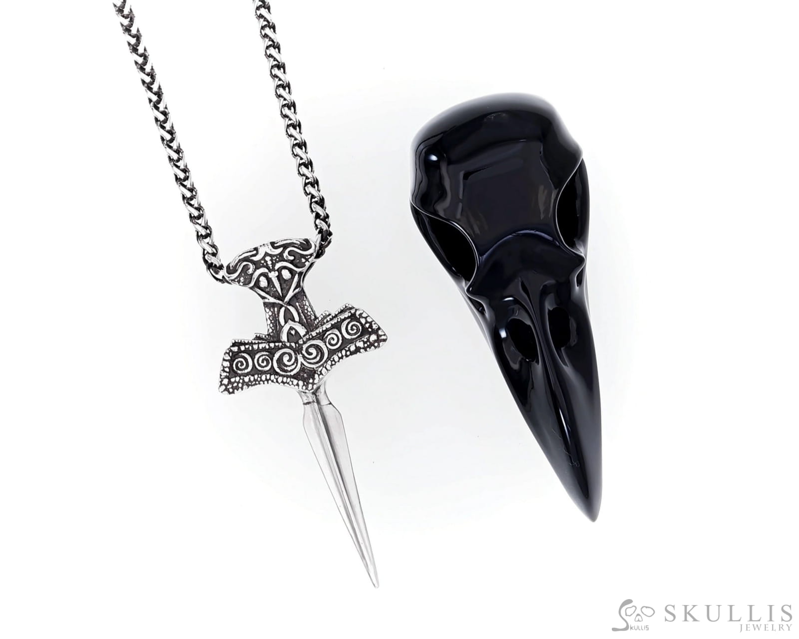 Gem Raven Skull Pendant Necklace of Black Obsidian Carved Raven Skull with Silver Sword Necklace Skull Pendants